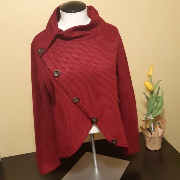 Deep Red Cowl Neck Asymmetrical Button Open Hemmed Sweater - Picture 1 of 9